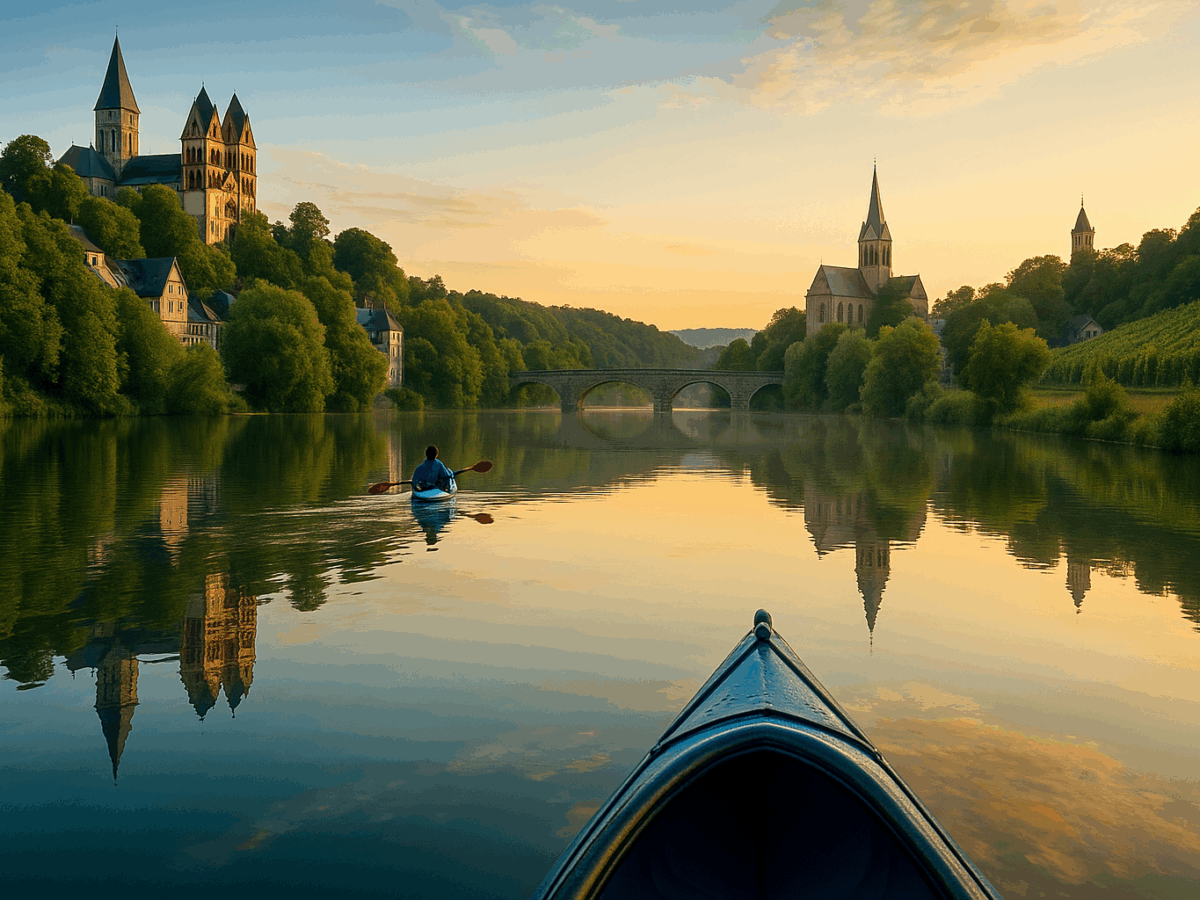 Kajak auf der Lahn zwischen Weilburg und Lahnstein; ruhiges Wasser, grüne Ufer, Abendstimmung – Tour von Weilburg bis zur Rheinmündung